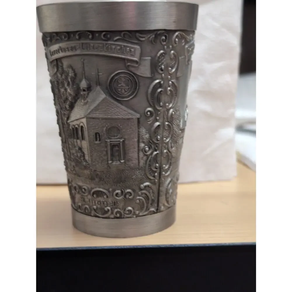 Vintage German Pewter Cup Leverkusen Wilhelm Dopatka Halle Zinnbecher Relief 3¾